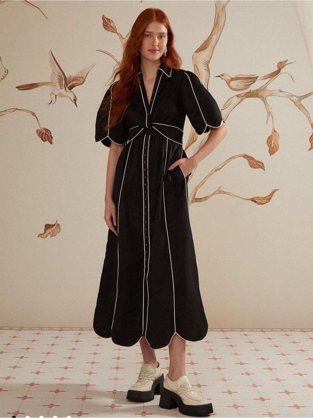 NEW FARM Rio Black Midi Dress with White Piping puff sleeve contrasting sz M NWT